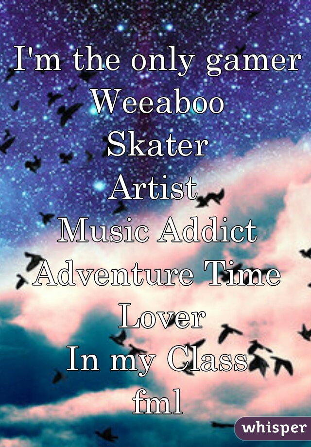 I'm the only gamer
Weeaboo
Skater
Artist 
Music Addict
Adventure Time Lover
In my Class
fml