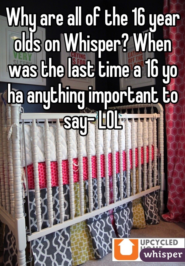 Why are all of the 16 year olds on Whisper? When was the last time a 16 yo ha anything important to say- LOL