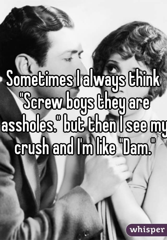Sometimes I always think "Screw boys they are assholes." but then I see my crush and I'm like "Dam."
