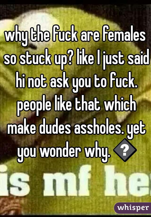 why the fuck are females so stuck up? like I just said hi not ask you to fuck. people like that which make dudes assholes. yet you wonder why. 💀