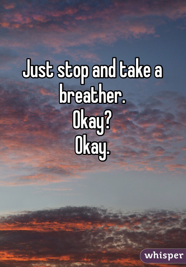 Just stop and take a breather. 
Okay?
Okay.