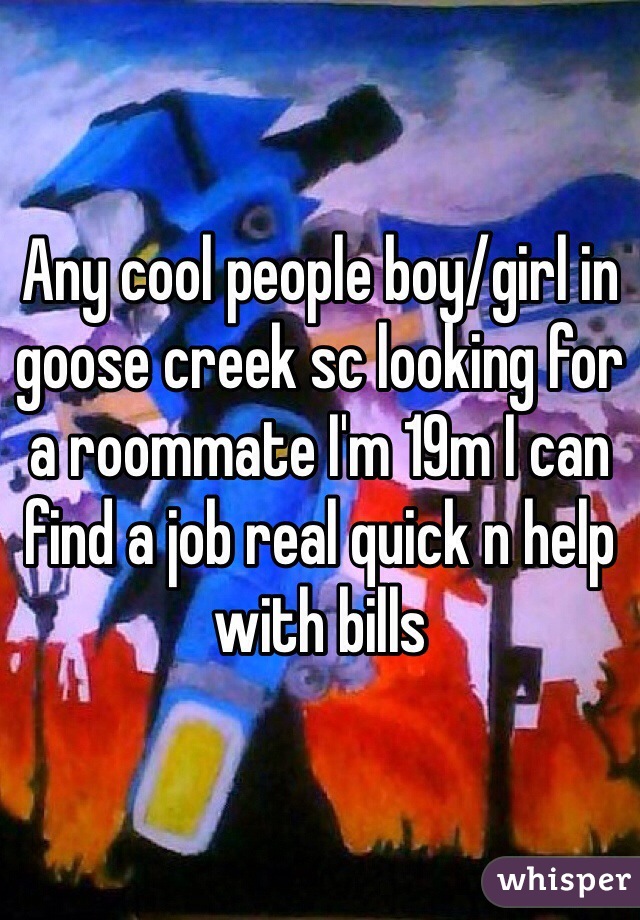 Any cool people boy/girl in goose creek sc looking for a roommate I'm 19m I can find a job real quick n help with bills