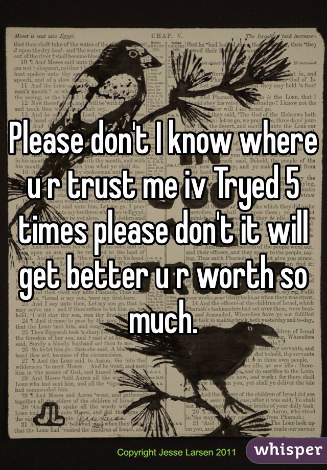 Please don't I know where u r trust me iv Tryed 5 times please don't it will get better u r worth so much. 