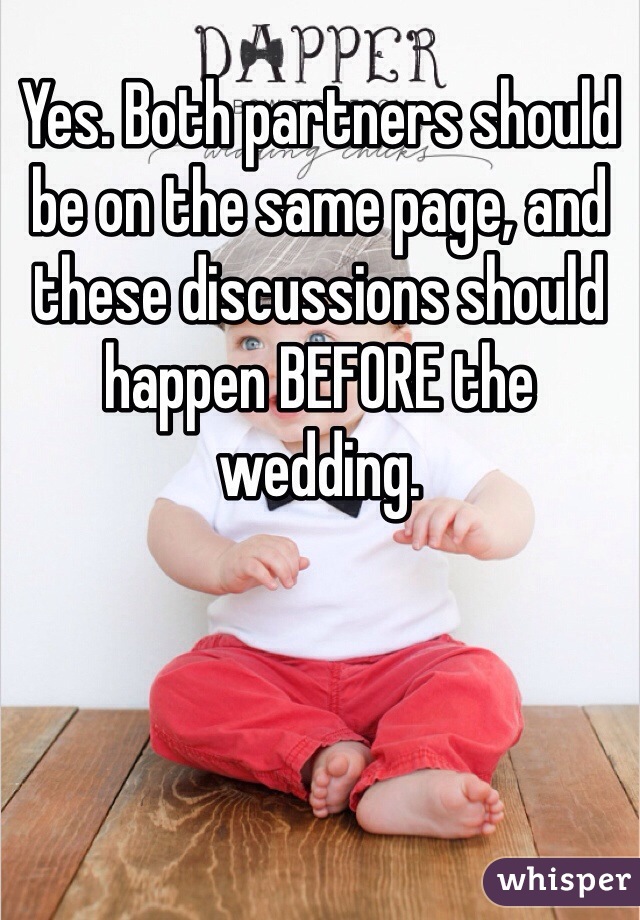 Yes. Both partners should be on the same page, and these discussions should happen BEFORE the wedding. 