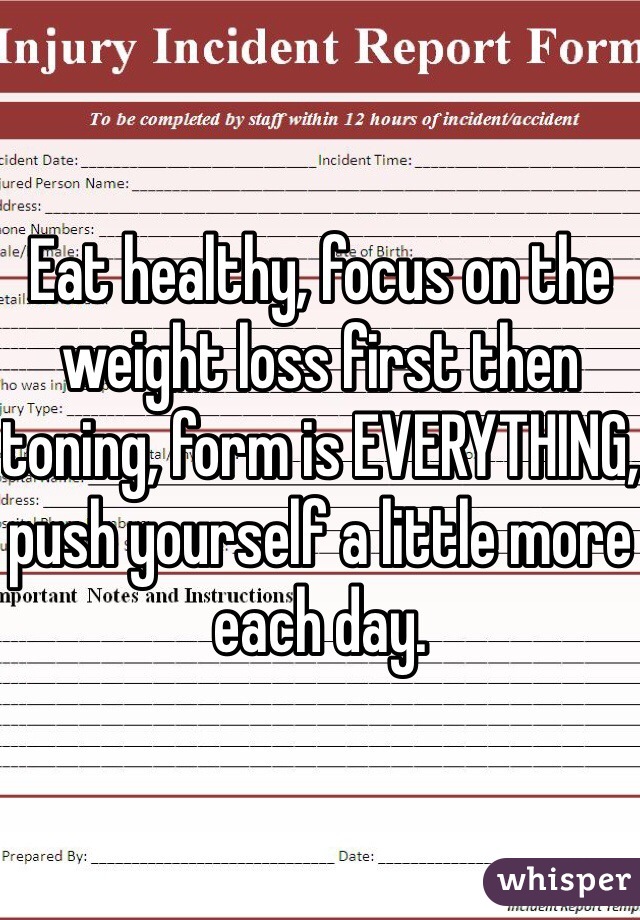 Eat healthy, focus on the weight loss first then toning, form is EVERYTHING, push yourself a little more each day.