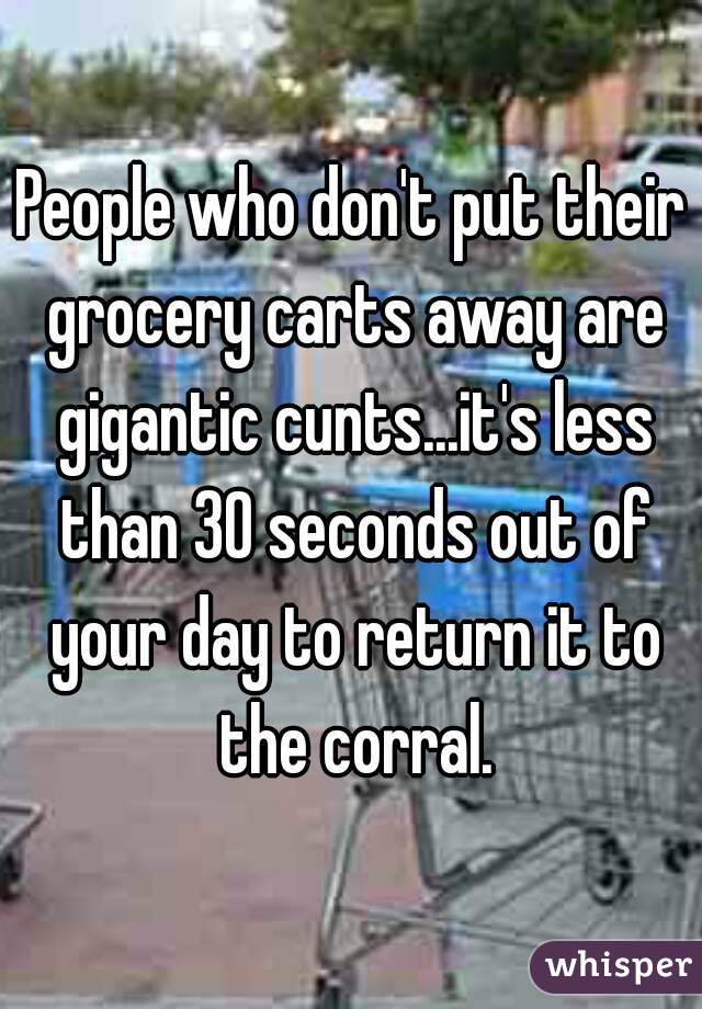 People who don't put their grocery carts away are gigantic cunts...it's less than 30 seconds out of your day to return it to the corral.