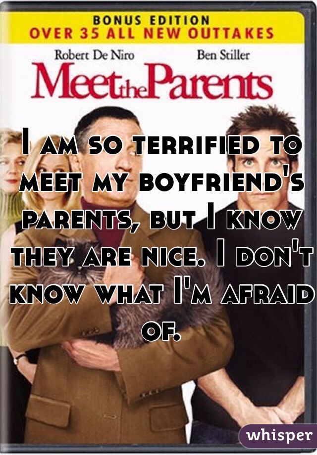 I am so terrified to meet my boyfriend's parents, but I know they are nice. I don't know what I'm afraid of. 
