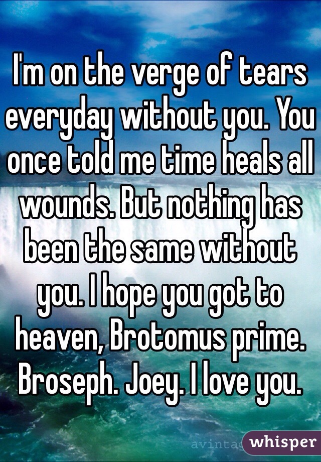 I'm on the verge of tears everyday without you. You once told me time heals all wounds. But nothing has been the same without you. I hope you got to heaven, Brotomus prime. Broseph. Joey. I love you. 