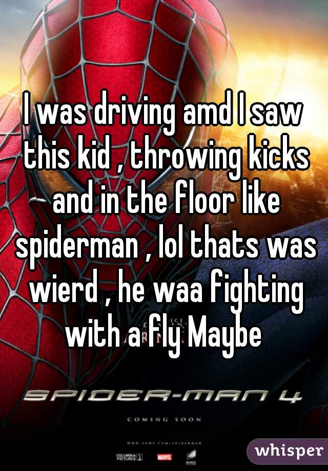 I was driving amd I saw this kid , throwing kicks and in the floor like spiderman , lol thats was wierd , he waa fighting with a fly Maybe 