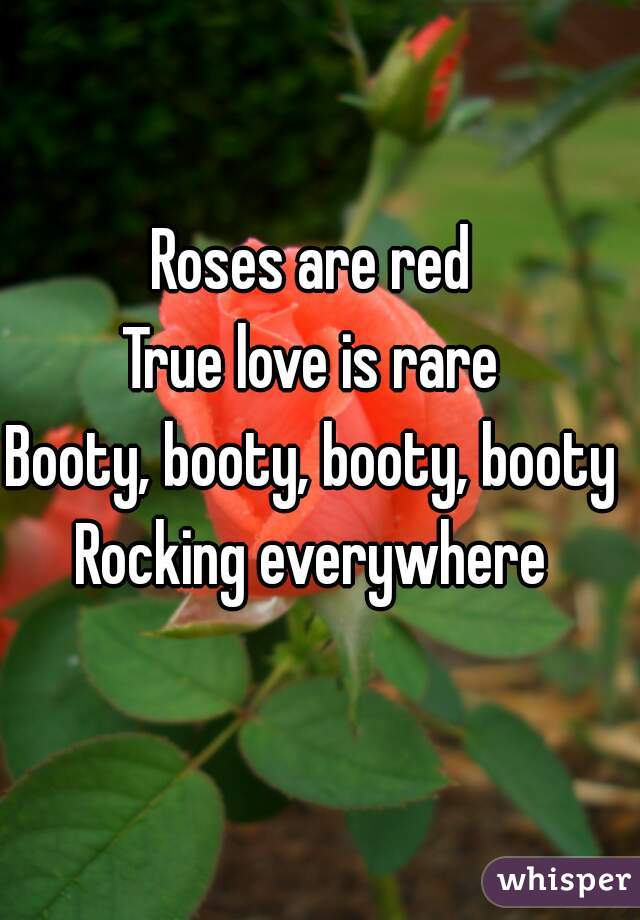 Roses are red
True love is rare
Booty, booty, booty, booty
Rocking everywhere