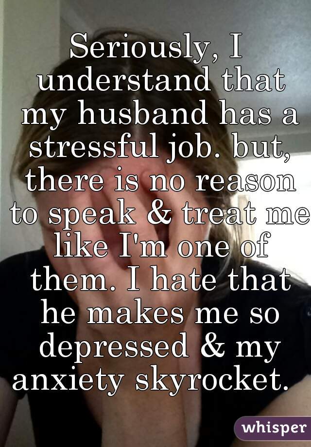 Seriously, I understand that my husband has a stressful job. but, there is no reason to speak & treat me like I'm one of them. I hate that he makes me so depressed & my anxiety skyrocket.  