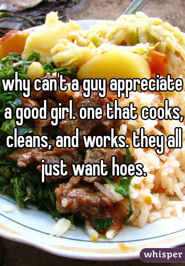why can't a guy appreciate a good girl. one that cooks, cleans, and works. they all just want hoes.