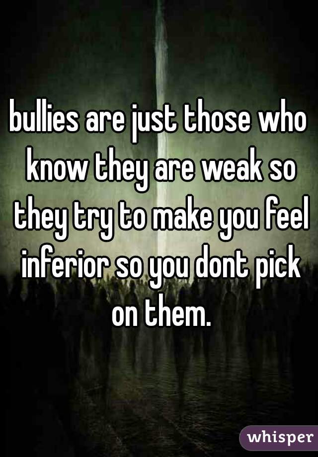 bullies are just those who know they are weak so they try to make you feel inferior so you dont pick on them.