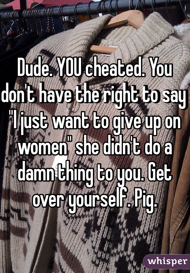 Dude. YOU cheated. You don't have the right to say "I just want to give up on women" she didn't do a damn thing to you. Get over yourself. Pig.