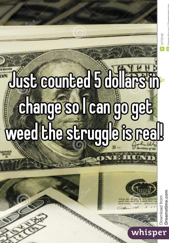 Just counted 5 dollars in change so I can go get weed the struggle is real! 