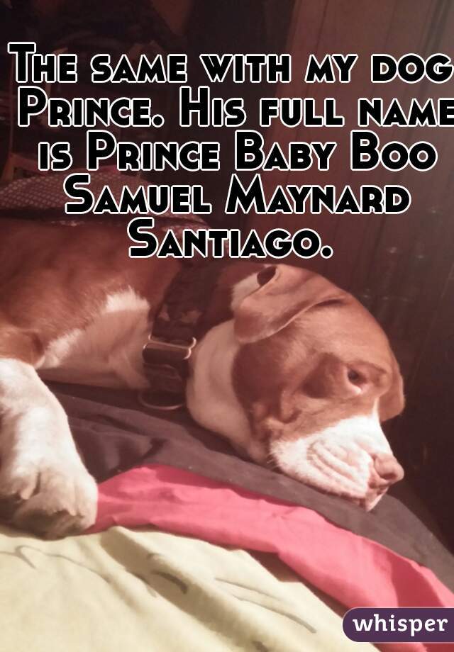 The same with my dog Prince. His full name is Prince Baby Boo Samuel Maynard Santiago. 