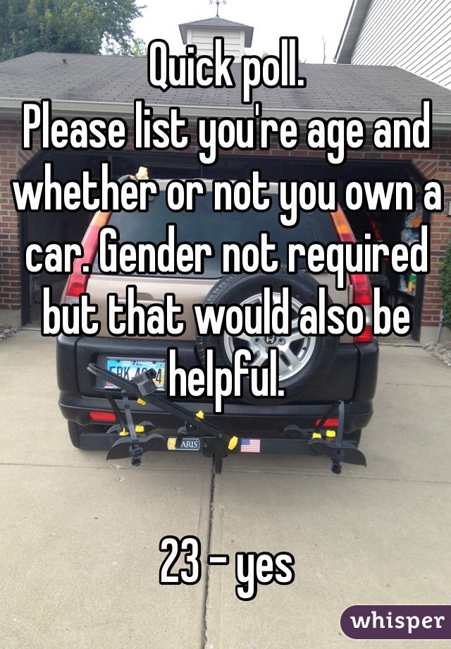 Quick poll. 
Please list you're age and whether or not you own a car. Gender not required but that would also be helpful.


23 - yes