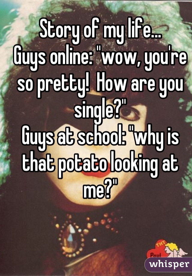 Story of my life...
Guys online: "wow, you're so pretty!  How are you single?"
Guys at school: "why is that potato looking at me?"