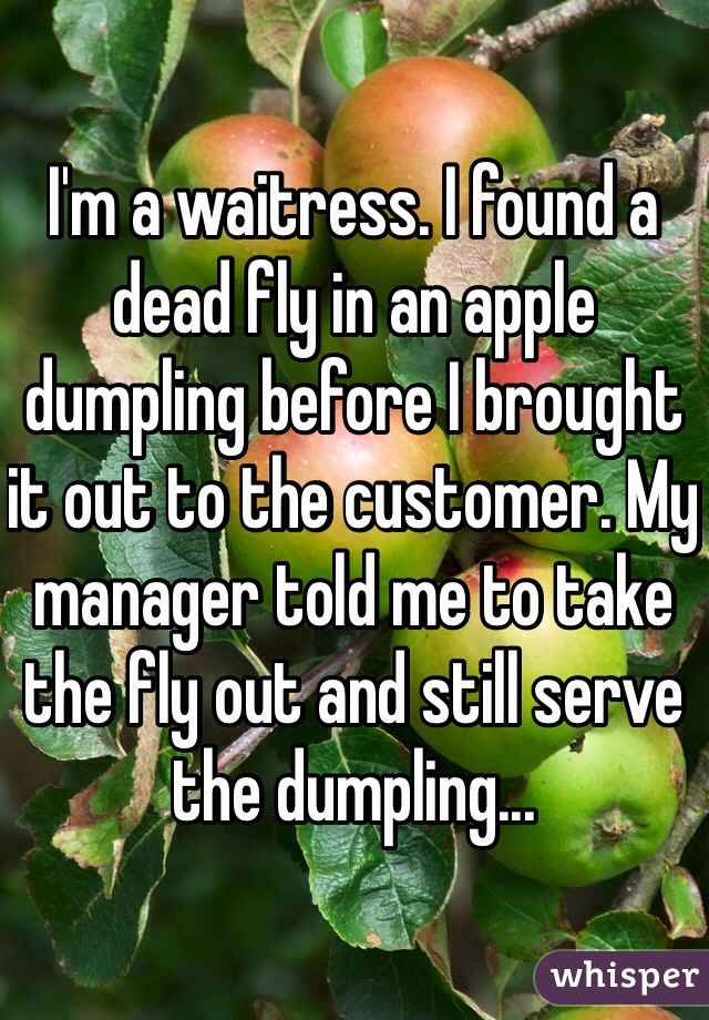I'm a waitress. I found a dead fly in an apple dumpling before I brought it out to the customer. My manager told me to take the fly out and still serve the dumpling...