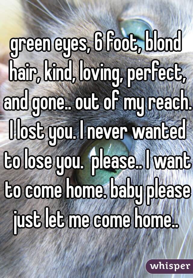 green eyes, 6 foot, blond hair, kind, loving, perfect, and gone.. out of my reach. I lost you. I never wanted to lose you.  please.. I want to come home. baby please just let me come home.. 