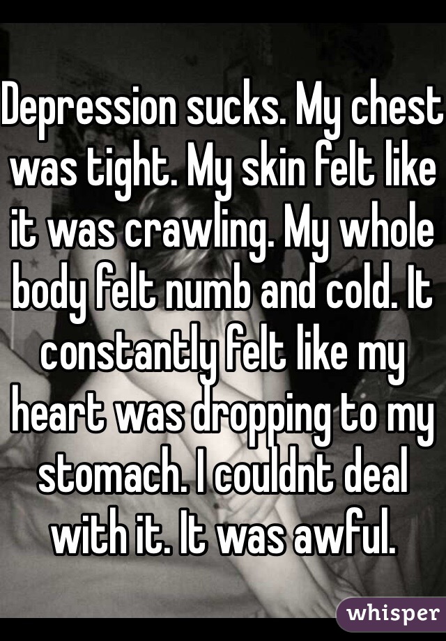 Depression sucks. My chest was tight. My skin felt like it was crawling. My whole body felt numb and cold. It constantly felt like my heart was dropping to my stomach. I couldnt deal with it. It was awful.