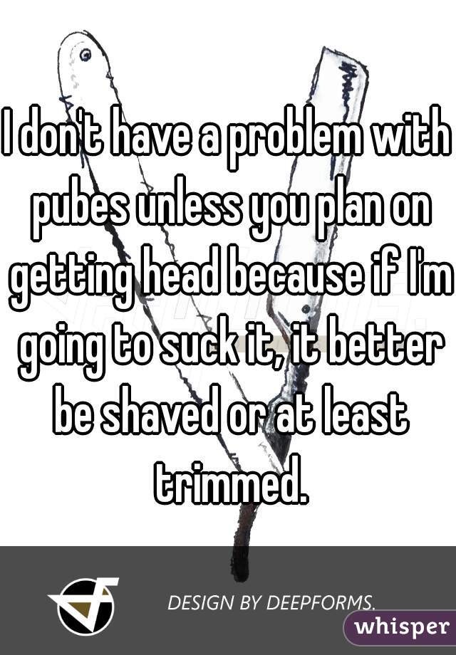 I don't have a problem with pubes unless you plan on getting head because if I'm going to suck it, it better be shaved or at least trimmed.