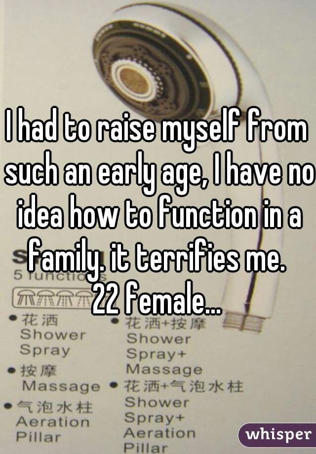 I had to raise myself from such an early age, I have no idea how to function in a family. it terrifies me. 
22 female...