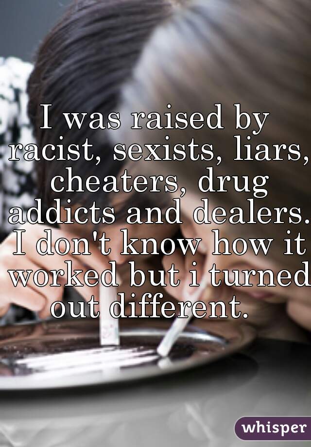 I was raised by racist, sexists, liars, cheaters, drug addicts and dealers. I don't know how it worked but i turned out different.  