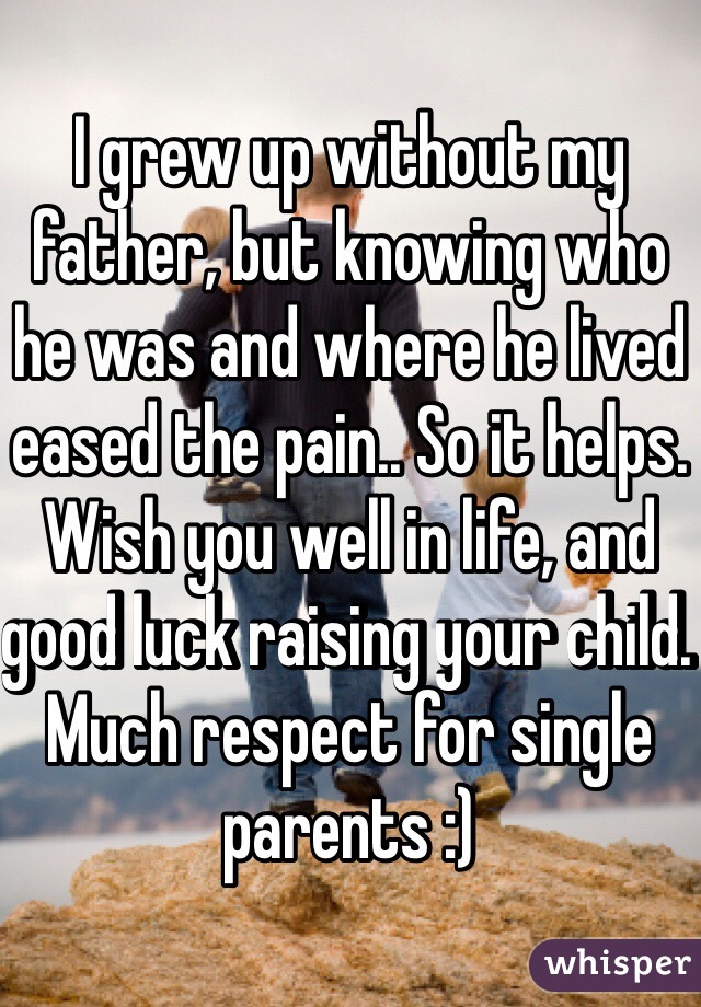 I grew up without my father, but knowing who he was and where he lived eased the pain.. So it helps. Wish you well in life, and good luck raising your child. Much respect for single parents :) 