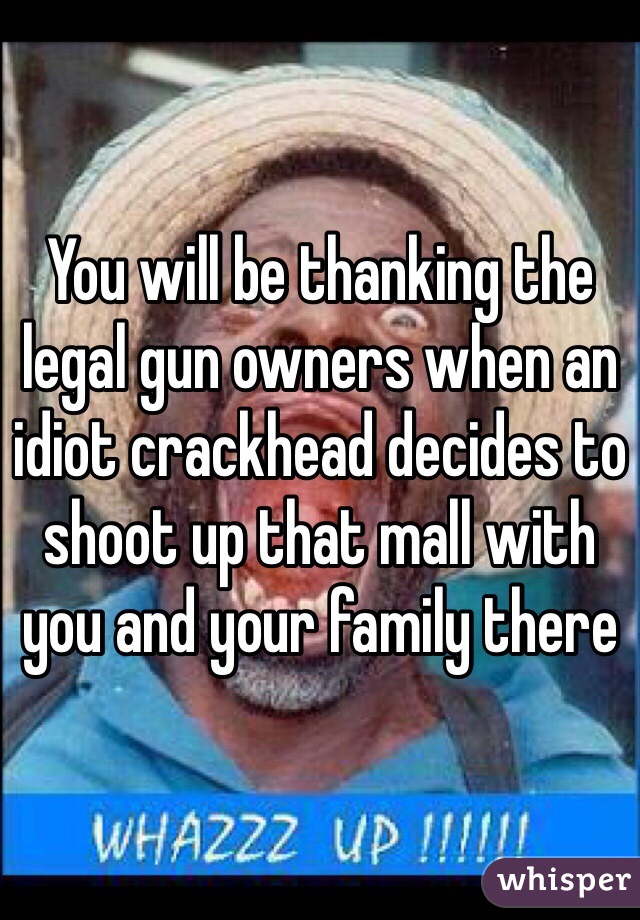 You will be thanking the legal gun owners when an idiot crackhead decides to shoot up that mall with you and your family there