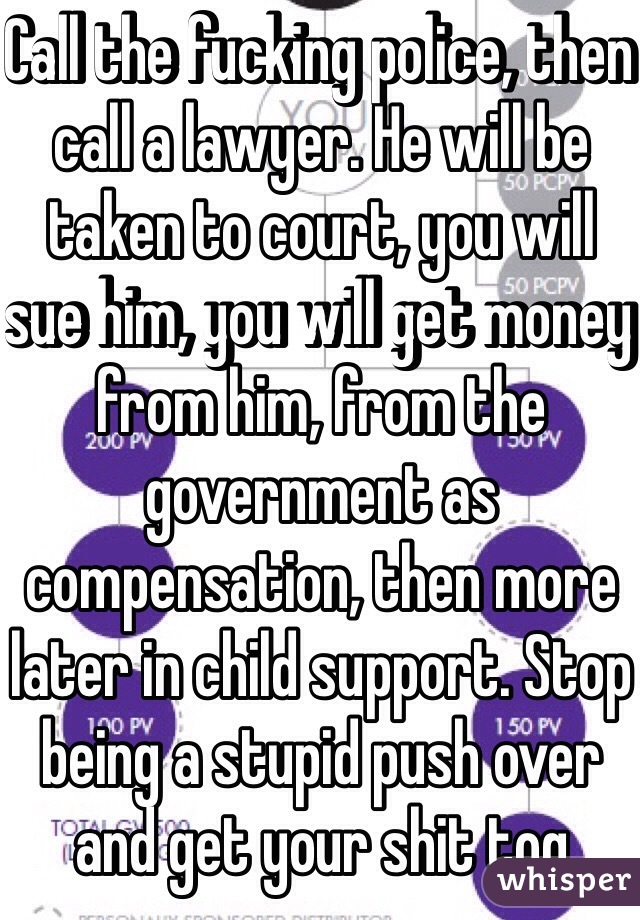 Call the fucking police, then call a lawyer. He will be taken to court, you will sue him, you will get money from him, from the government as compensation, then more later in child support. Stop being a stupid push over and get your shit tog  