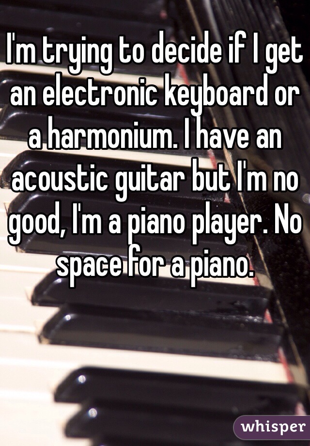 I'm trying to decide if I get an electronic keyboard or a harmonium. I have an acoustic guitar but I'm no good, I'm a piano player. No space for a piano. 