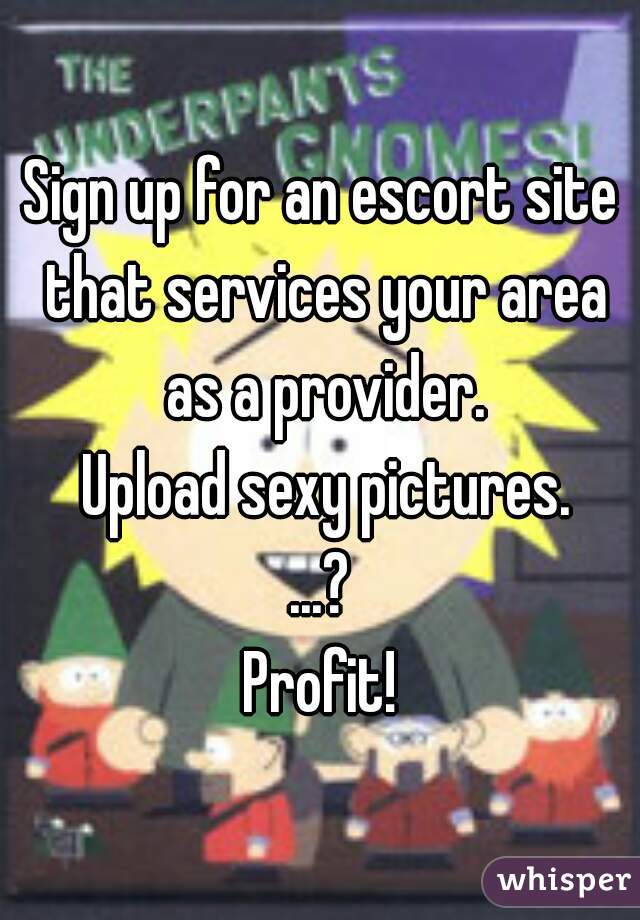Sign up for an escort site that services your area as a provider.
 Upload sexy pictures.
 ...? 
Profit!
