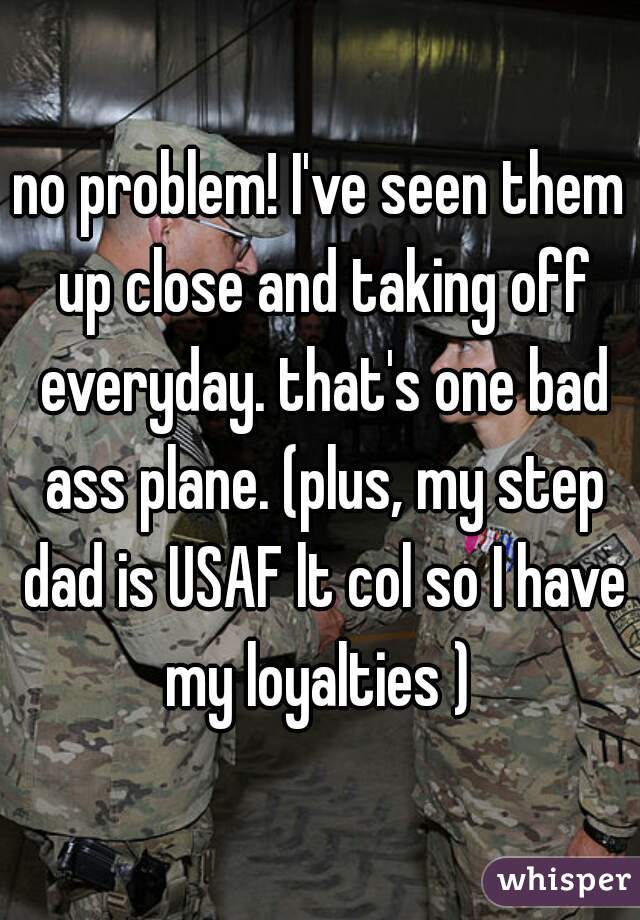 no problem! I've seen them up close and taking off everyday. that's one bad ass plane. (plus, my step dad is USAF lt col so I have my loyalties ) 