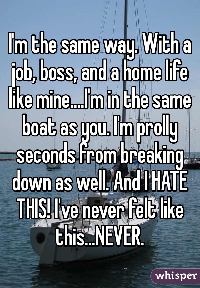 I'm the same way. With a job, boss, and a home life like mine....I'm in the same boat as you. I'm prolly seconds from breaking down as well. And I HATE THIS! I've never felt like this...NEVER. 