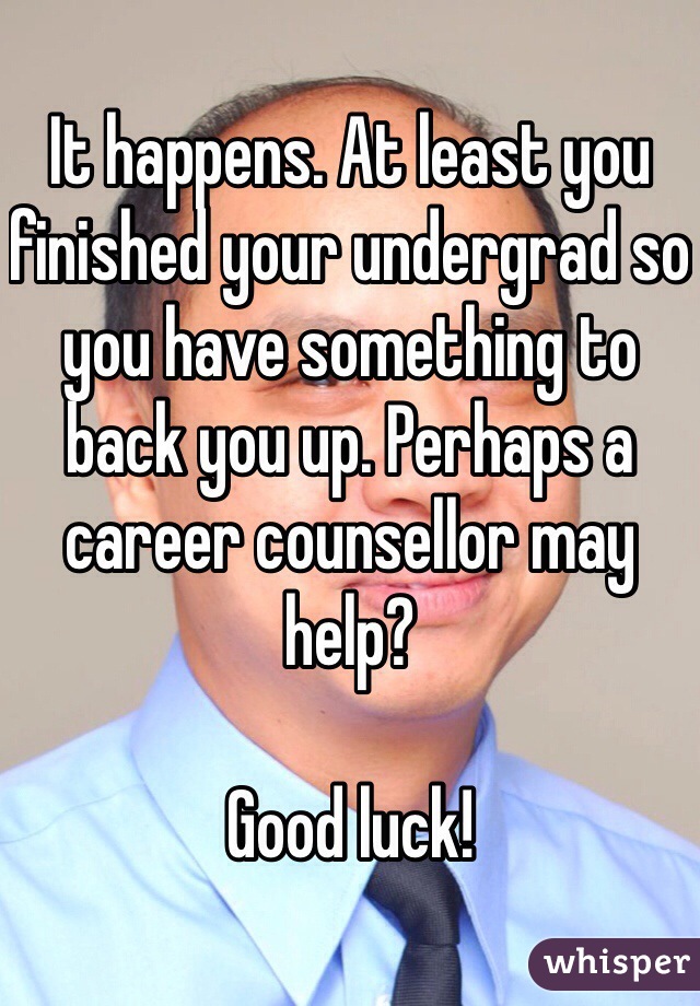 It happens. At least you finished your undergrad so you have something to back you up. Perhaps a career counsellor may help?

Good luck!