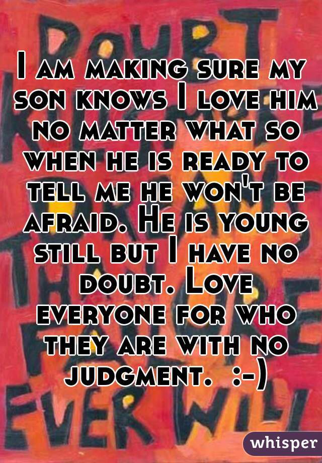 I am making sure my son knows I love him no matter what so when he is ready to tell me he won't be afraid. He is young still but I have no doubt. Love everyone for who they are with no judgment.  :-)