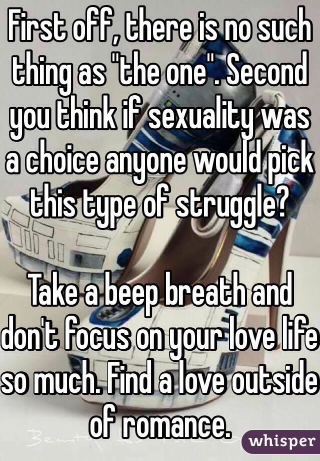 First off, there is no such thing as "the one". Second you think if sexuality was a choice anyone would pick this type of struggle? 

Take a beep breath and don't focus on your love life so much. Find a love outside of romance. 