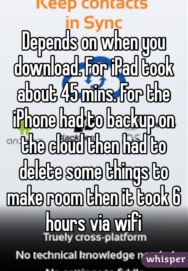 Depends on when you download. For iPad took about 45 mins. For the iPhone had to backup on the cloud then had to delete some things to make room then it took 6 hours via wifi