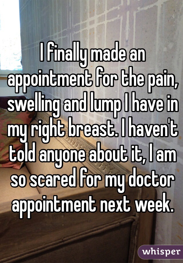 I finally made an appointment for the pain, swelling and lump I have in my right breast. I haven't told anyone about it, I am so scared for my doctor appointment next week. 