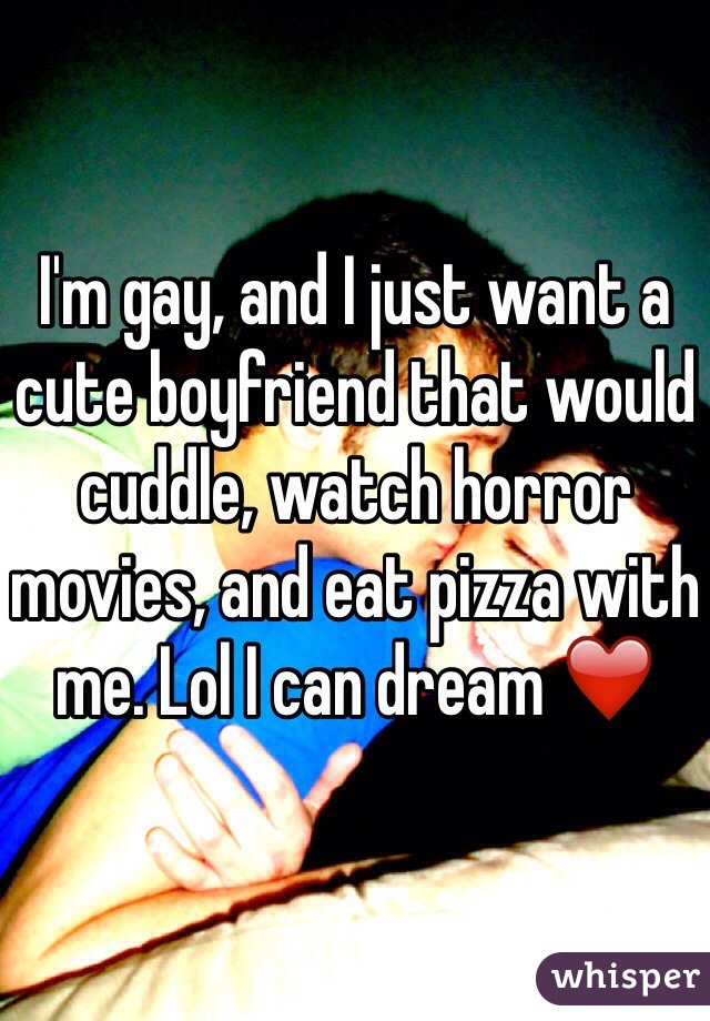 I'm gay, and I just want a cute boyfriend that would cuddle, watch horror movies, and eat pizza with me. Lol I can dream ❤️
