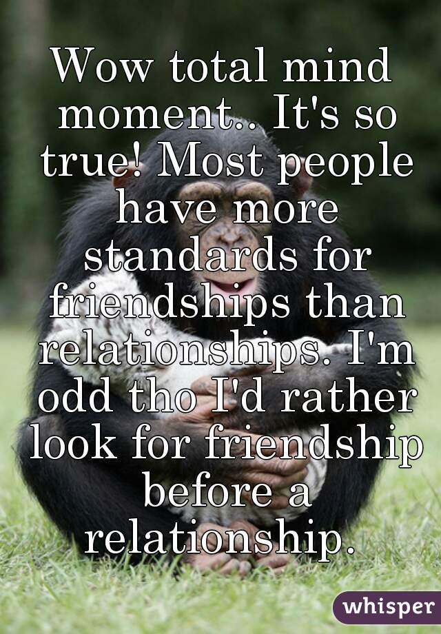 Wow total mind moment.. It's so true! Most people have more standards for friendships than relationships. I'm odd tho I'd rather look for friendship before a relationship. 