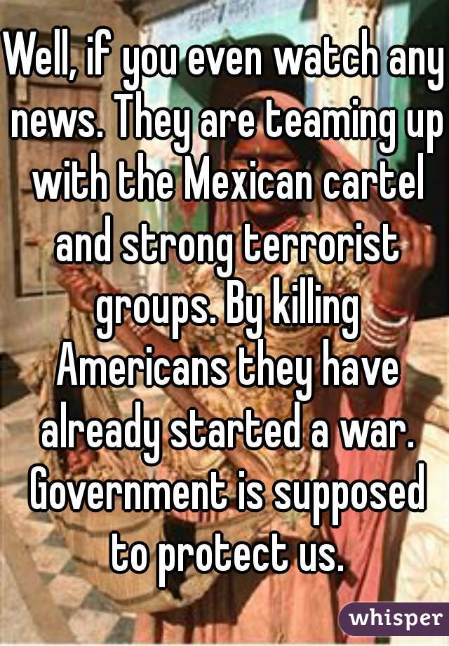 Well, if you even watch any news. They are teaming up with the Mexican cartel and strong terrorist groups. By killing Americans they have already started a war. Government is supposed to protect us.