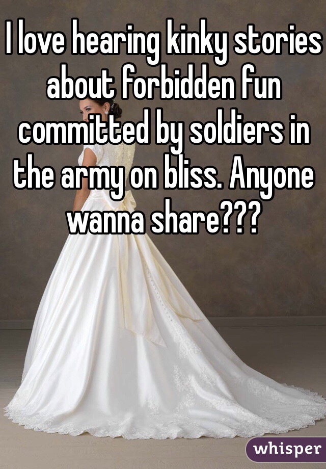 I love hearing kinky stories about forbidden fun committed by soldiers in the army on bliss. Anyone wanna share???