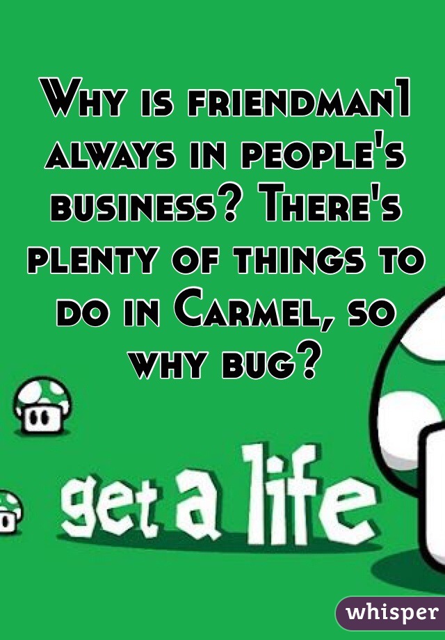 Why is friendman1 always in people's business? There's plenty of things to do in Carmel, so why bug?