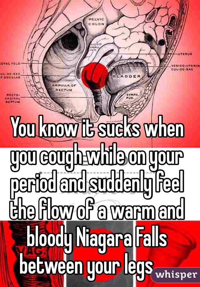 You know it sucks when you cough while on your period and suddenly feel the flow of a warm and bloody Niagara Falls between your legs......  
