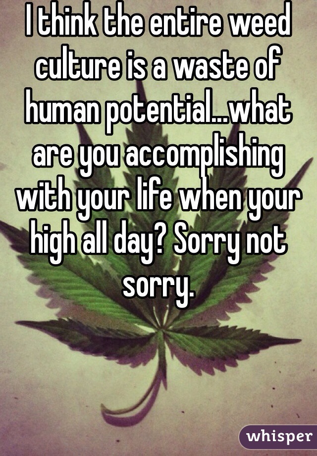 I think the entire weed culture is a waste of human potential...what are you accomplishing with your life when your high all day? Sorry not sorry.
