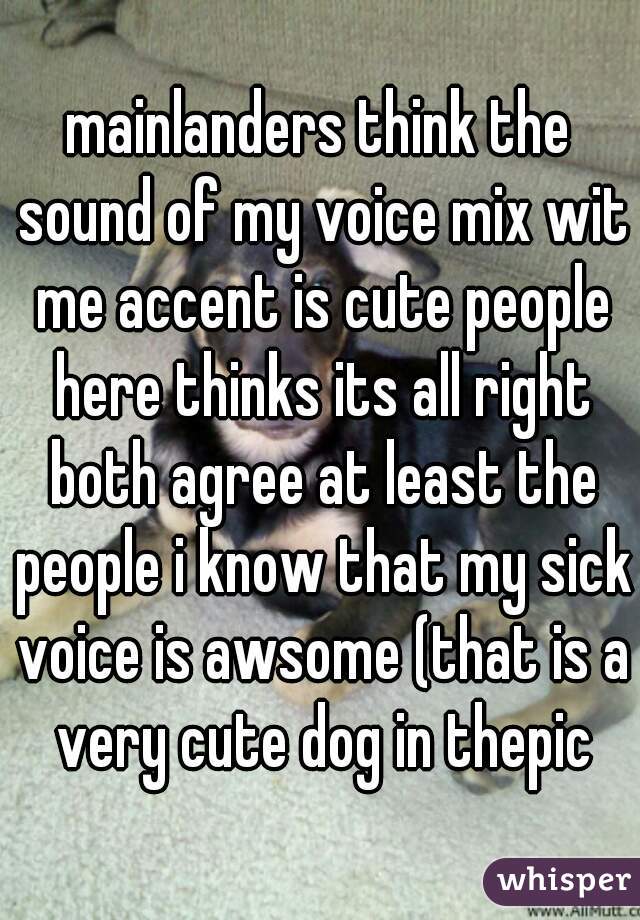mainlanders think the sound of my voice mix wit me accent is cute people here thinks its all right both agree at least the people i know that my sick voice is awsome (that is a very cute dog in thepic