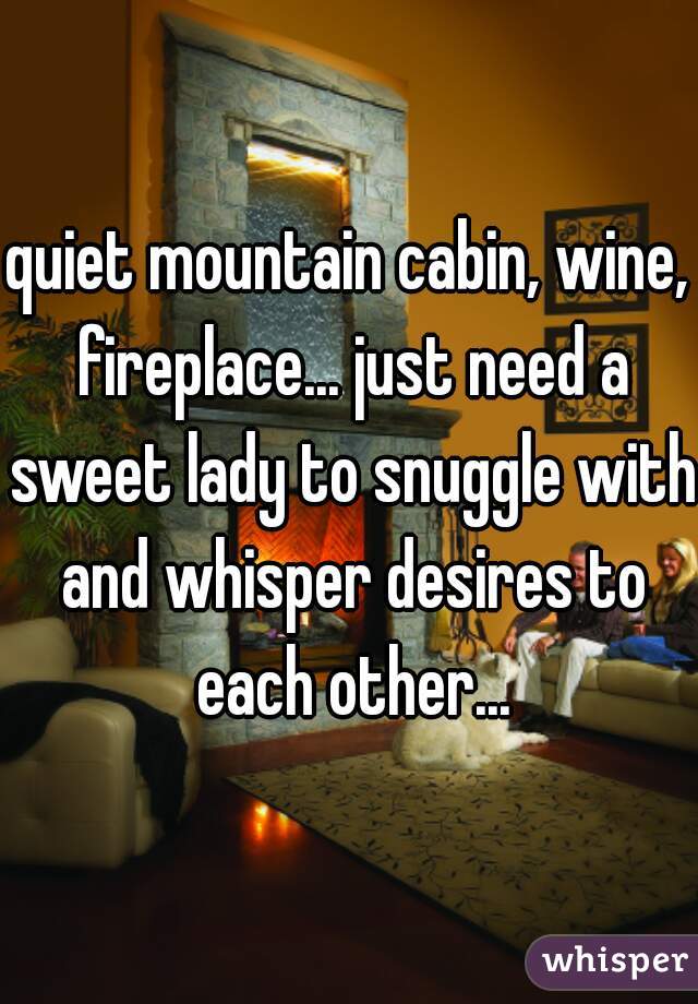 quiet mountain cabin, wine, fireplace... just need a sweet lady to snuggle with and whisper desires to each other...