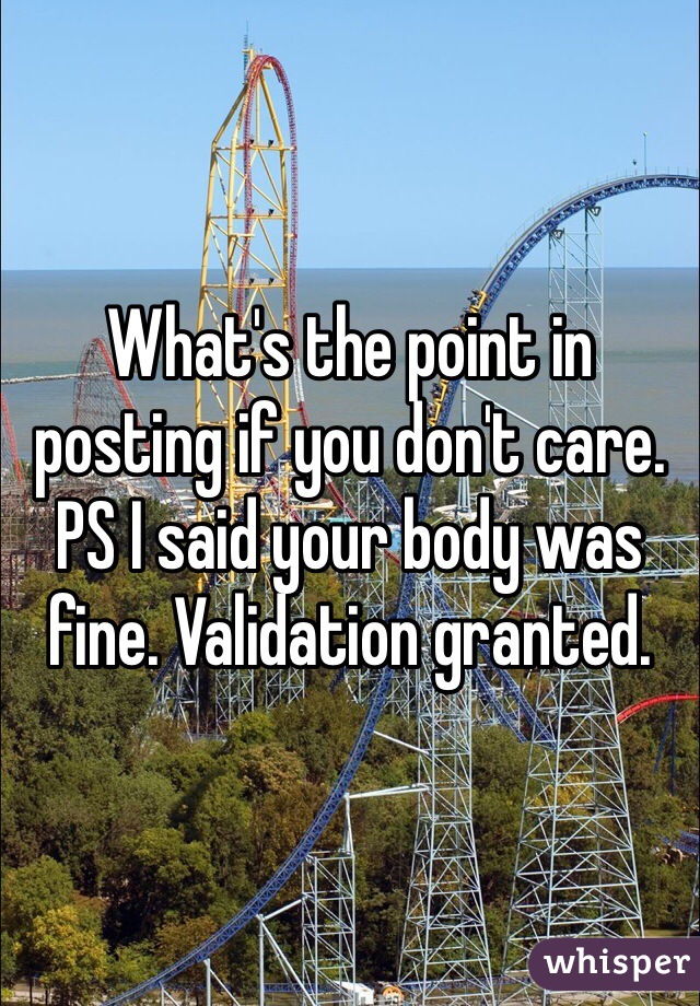 What's the point in posting if you don't care. PS I said your body was fine. Validation granted.